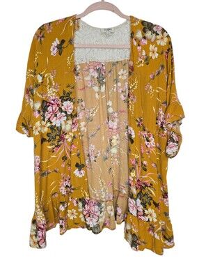 Mustard yellow Umgee floral kimono cardigan with lace detail and ruffle sleeves